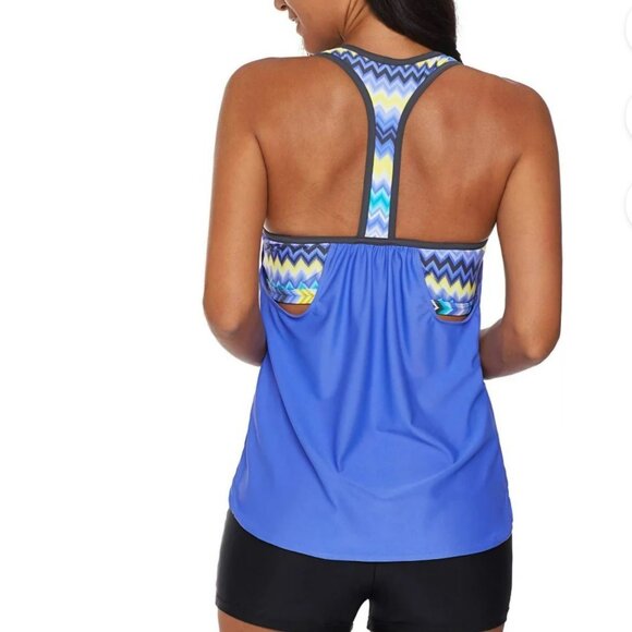 Women's Blue Layered Multicolor Striped Boy Short Racerback Tankini Set Size S - Picture 2 of 14